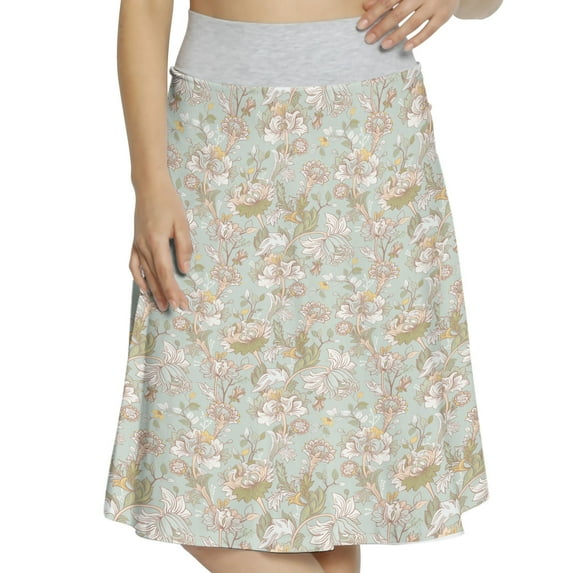 Women's Peony Soft Toned Blossoming Nature A-line Printed Skirt Casual Wear, XL, Almond Green Pale Peach, by Ambesonne