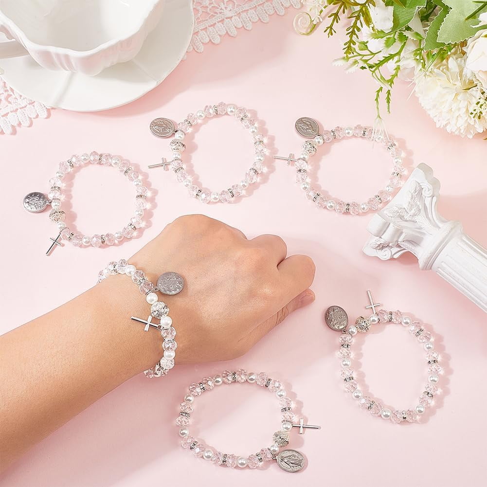 12 Sets Rosary Bracelet Bulk with Mesh Bags 8mm Clear Beaded Stretch Bracelet Baptism Favor Bracelets with Oval Charm
