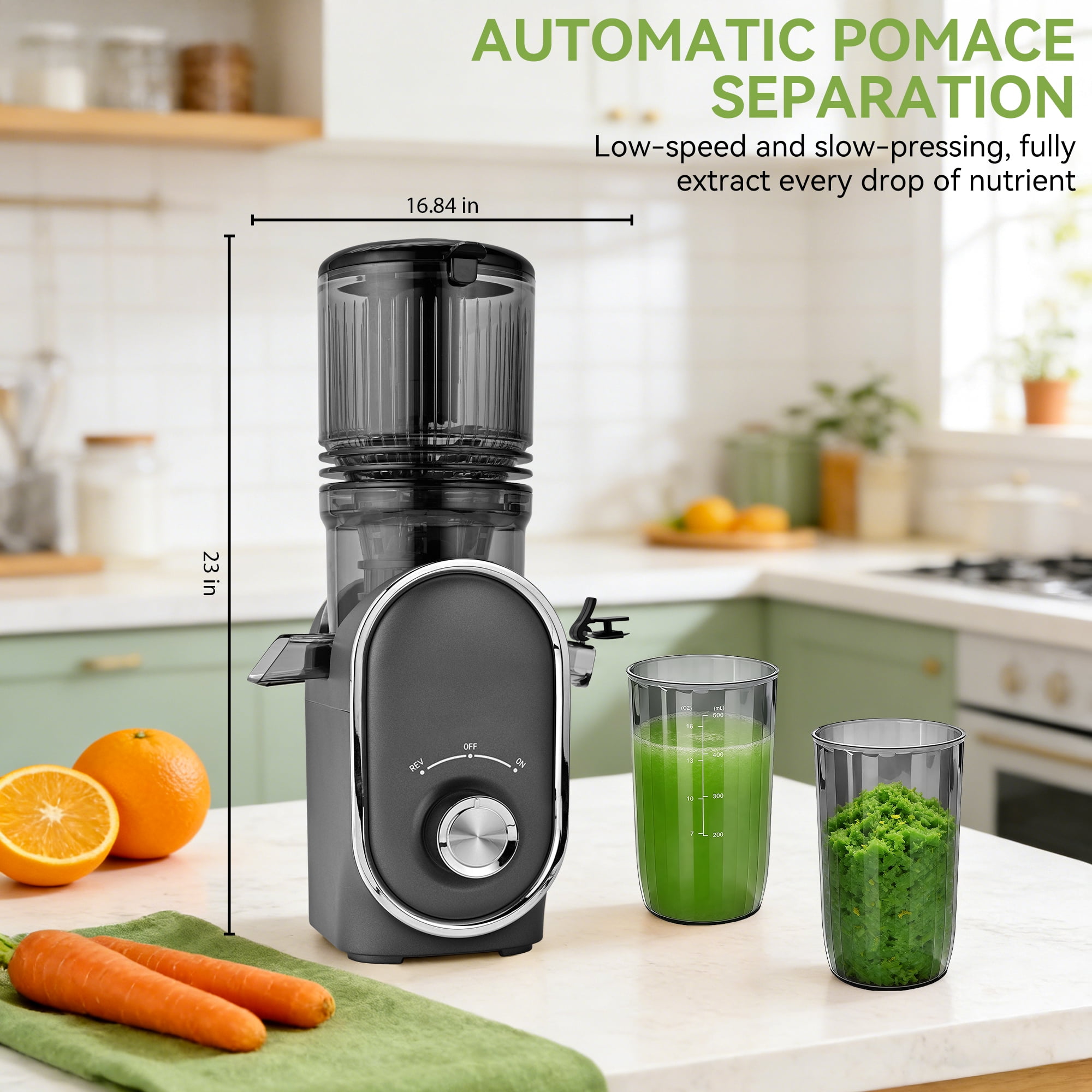 Pukomc Slow Juicer - 300W Cold Press Juicer with 5.3" Wide Chute, One-Touch Operation & Auto Stop, High Juice Yield, Easy Clean, Includes Juice & Pulp Cups(Silver Gray)