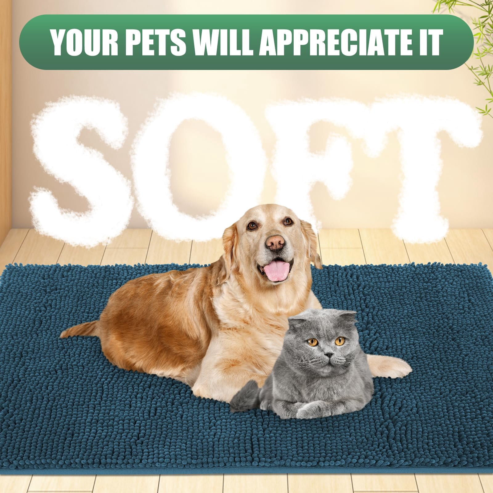 HAKUNA Chenille Absorbent Outdoor Doormat 48" x 30", Washable Muddy Door Mats for Dog Non Slip Indoor Doormat Dog Mat for Muddy Paw Front Inside Doormats for Entryway Atlantic Blue