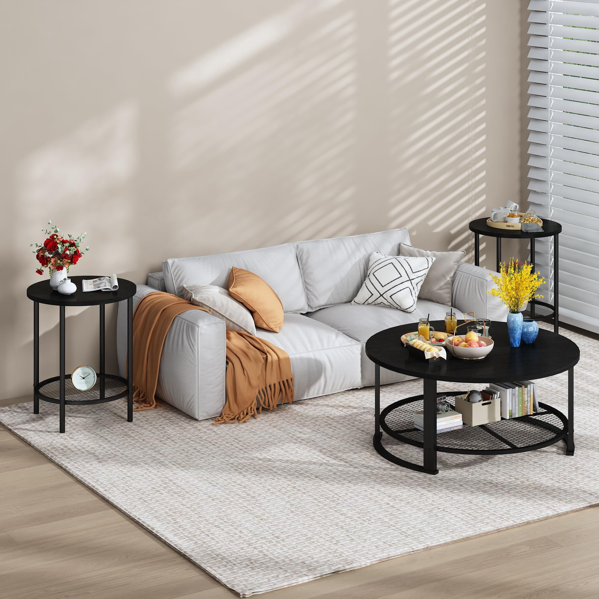MOOSENG Coffee Table Set of 3, Industrial Vintage Wood Coffee Table with 2 Round End Side Tables, Easy Assembly Living Room Table Set for Offices, Living Rooms and Apartments, Black