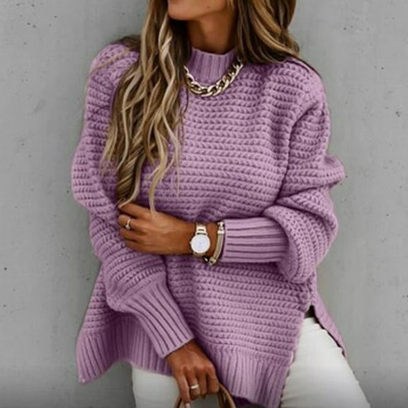 Blouse for Women Plus Size Long Sleeve Knitted Solid Color Pullove Casual Sweater Purple XXL