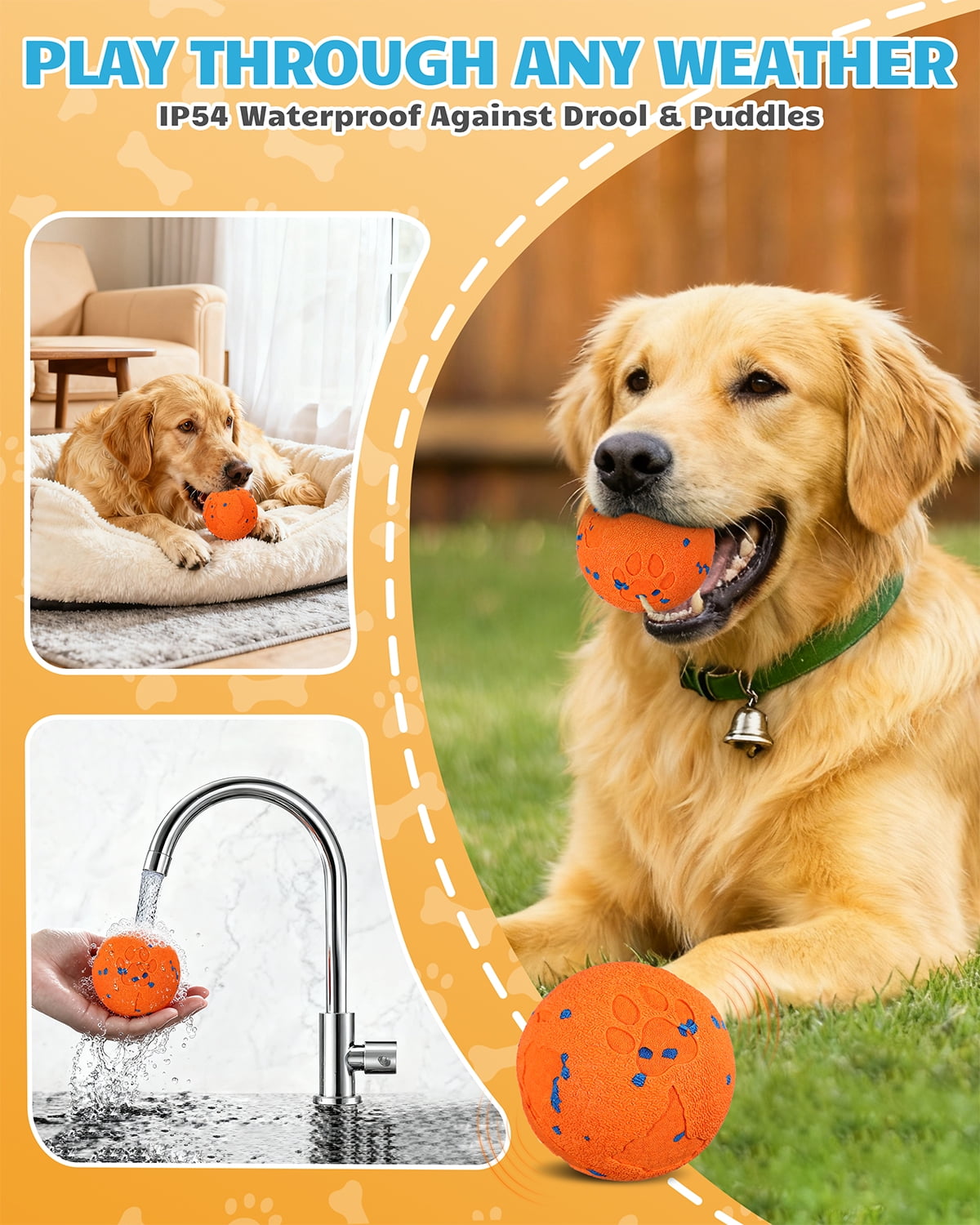 Interactive Dog Ball & Interactive Dog Toys for Medium/Large Dogs - Self Moving Automatic Ball with Chew Resistant E-TPU Material, IPX7 Waterproof，Orange