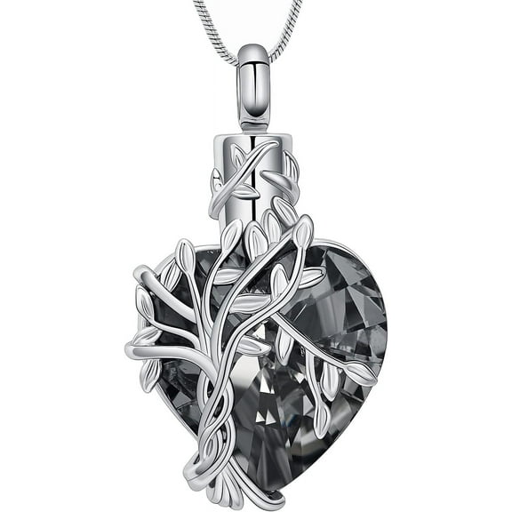 Birthstone Heart Tree of Life Urn Necklace for Ashes Dainty Forever Love Heart Pendant Cremation Jewelry with Crystal w/Funnel Filler Memorial Jewelry