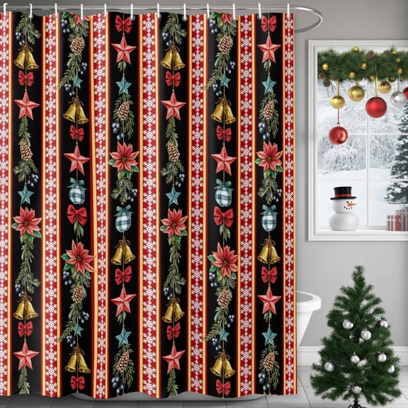 Christmas Stripes Shower Curtains for Bathroom, Bell Flower Stars Snowflakes Black Waterproof Fabric Shower Curtain for Bathroom Bathtub Decoration, Machine Washable, 54x"78"