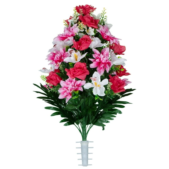 Sympathy Silks Artificial Cemetery Flowers Pink Roses with White Orchids and Pink Dahlias