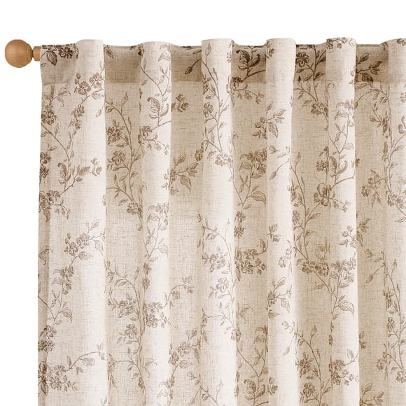 Lazzzy Taupe Floral Linen Curtains 84 Inch Farmhouse Curtain Back Tab Drapes for Living Room Bedroom Light Filtering Vintage Rod