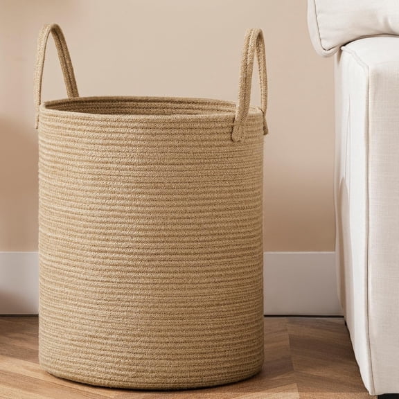 TT-Laundry Basket, 52L Woven Laundry Hamper, Baby Nursery Hamper for Toys, Blanket Basket for Living Room, Clothes Hamper for Bedroom&Baby Room, Jute