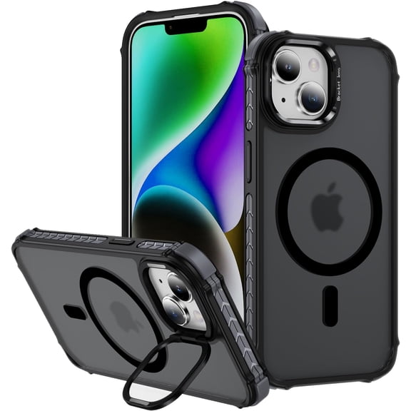 Magnetic for iPhone 14 Plus Case & iPhone 15 Plus Case, [Compatible with Magsafe] [Built-in Camera Stash Stand] Translucent Matte Shockproof Women Men Girls Protective Phone Case 6.7 Inch, Black