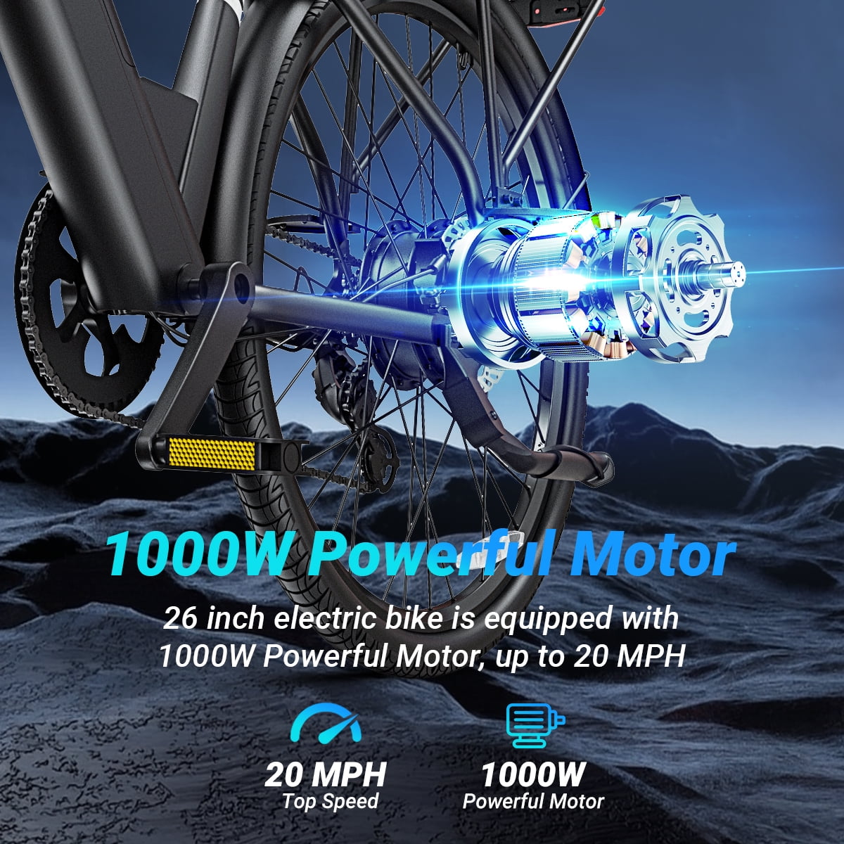 DYU C7L Electric Bike for Adults, 26" Peak 1000W Motor Ebike, 48V 10.4Ah Removable Battery, 45 Miles Max 20MPH, 7 Speed Electric Bicycle UL2849