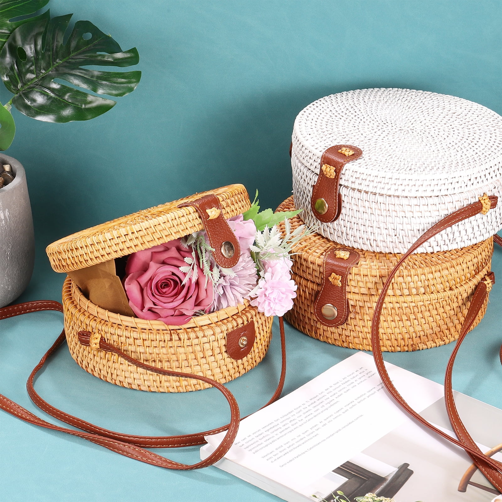 Round Rattan Bag for Women, Handmade Straw Crossbody Bags with
