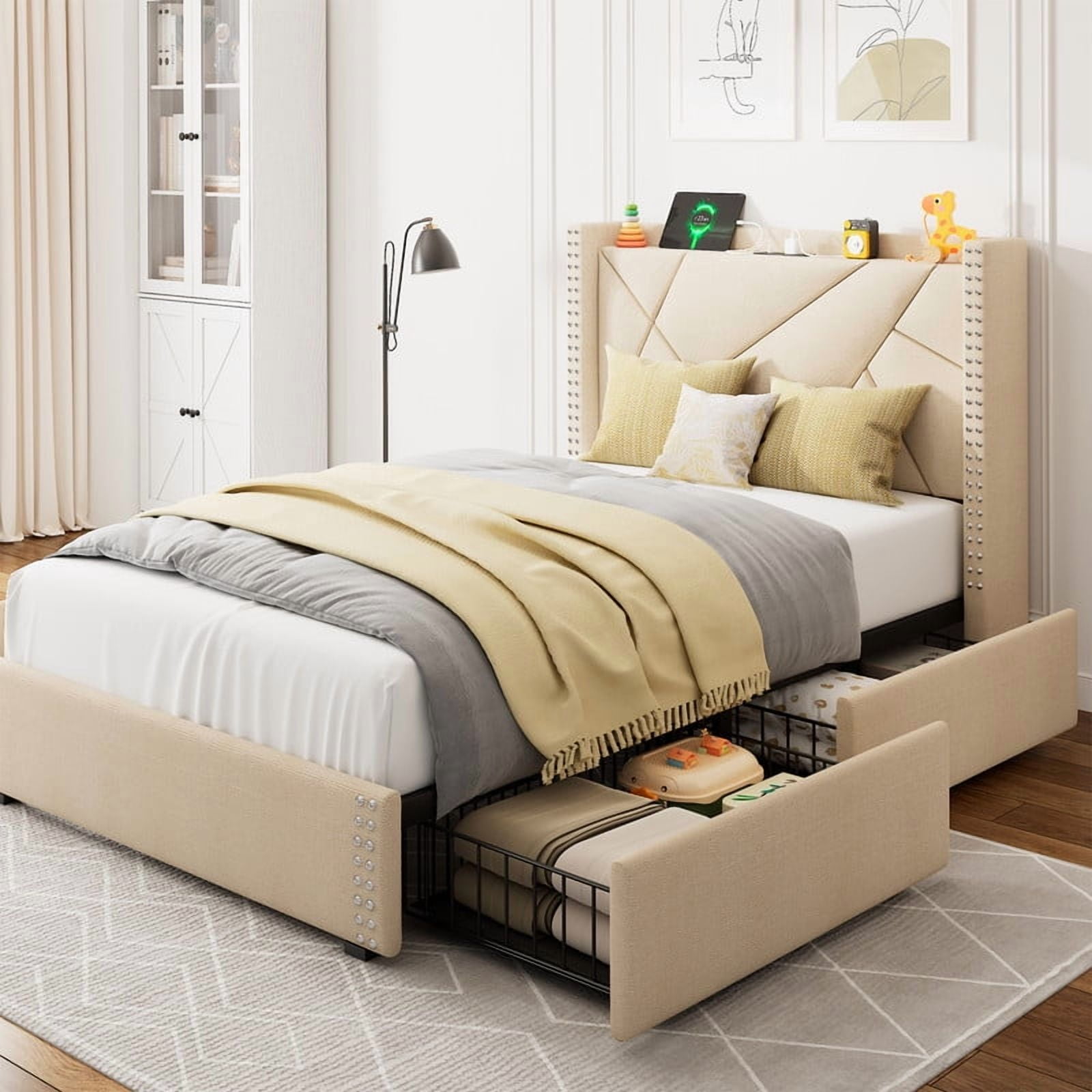 iPormis Twin Bed Frame with Charging Station & Wingback Upholstered Headboard, Platform Bed with 4 Storage Drawers , Solid Wood Slats Support, No Box Spring Needed,Beige