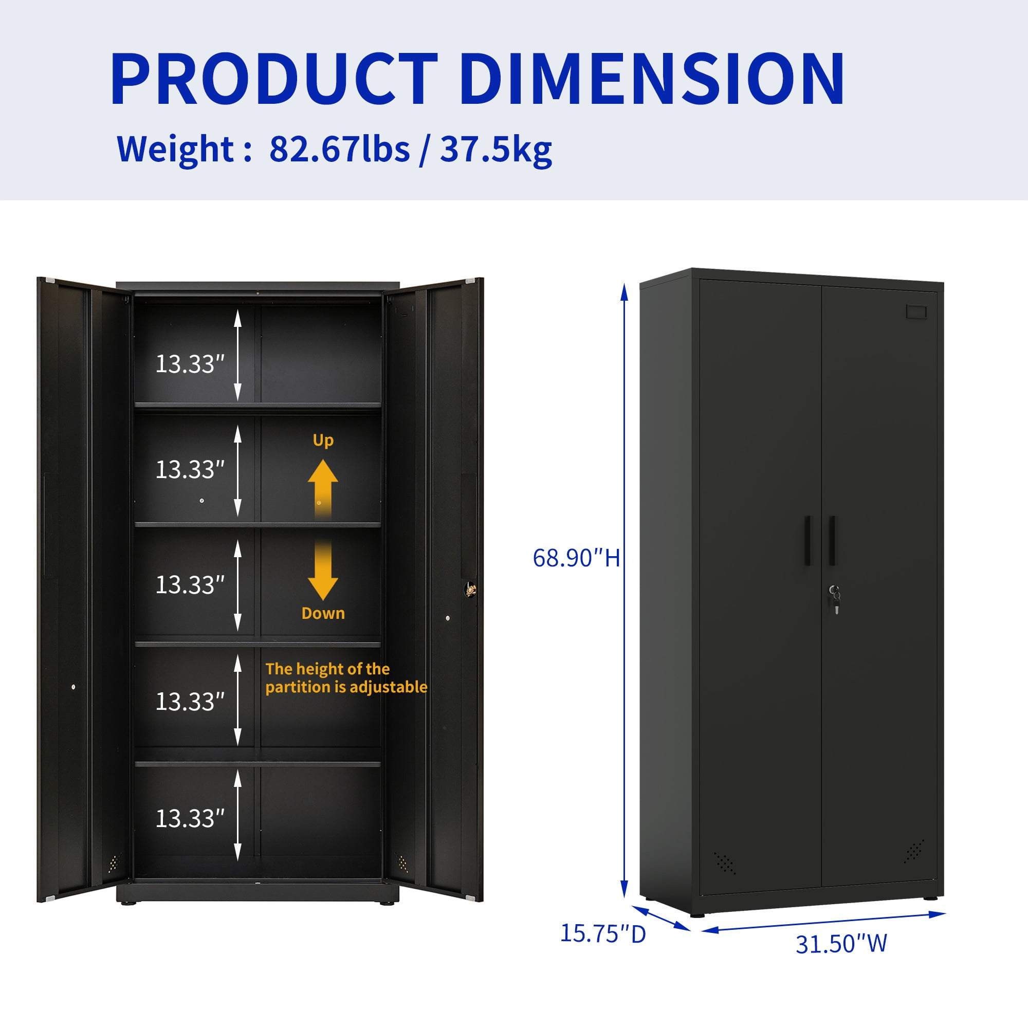 High Storage Cabinet with 2 Doors and 4 Partitions to Separate 5 Storage Spaces, Home/ Office Design