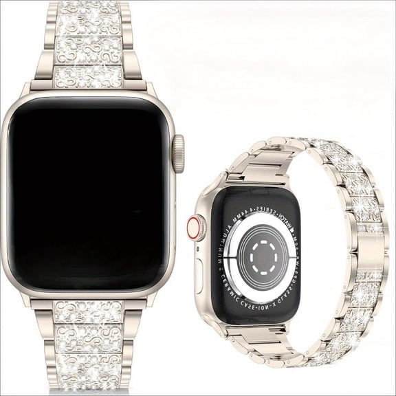 Three-Bead Full Rhinestone Strap Compatible with Apple Watch Ultra 2/SE/10–1 (38mm–49mm), Luxury Dressy Metal Band for Women, Adjustable Bling Bracelet Style (Watch Not Included)