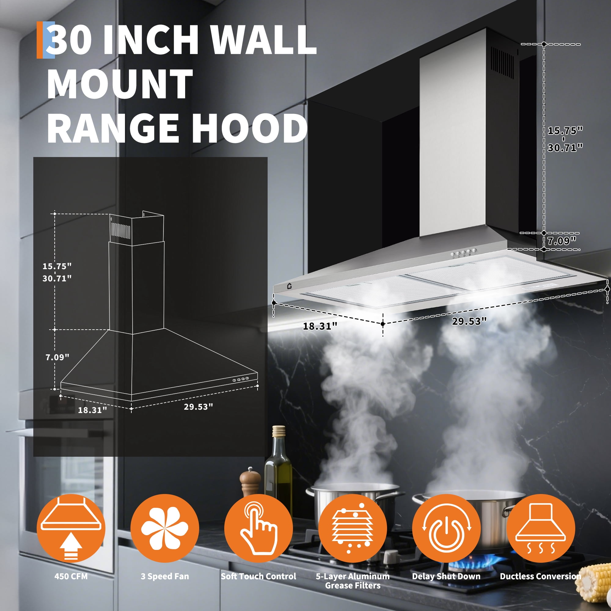 Accreate 30 Inch Stainless Steel Range Hood, Wall-Mounted Kitchen Vent, 450 Cfm, 3 Speeds, Touch And Remote Control, Led Lights, Easy Clean Baffle Filters, Quiet Operation