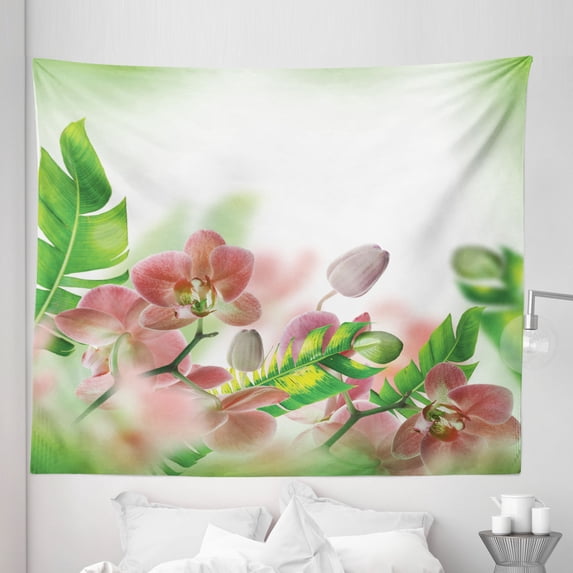 Spring Tapestry, Tropical Orchids Branch Stem Petal Leaf Bud Spring Blooming Flowers Print, Fabric Wall Hanging Decor for Bedroom Living Room Dorm, 5 Sizes, Peach and Green, by Ambesonne