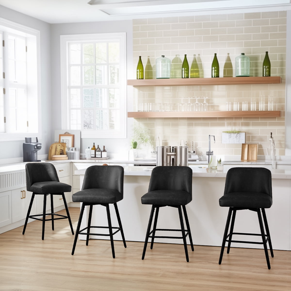 Modern Bar Stools Set of 4, 26" H Swivel Counter Height Barstools with High Backs, Kitchen Island Stools, For Bar & Home,Faux Leather, Black