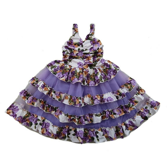 Wenchoice Girl's Purple Floral Ruched Tiered Dress - M(3T-4T)