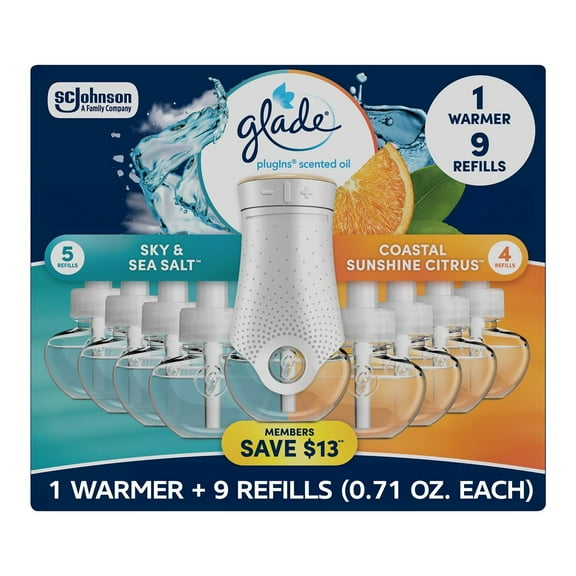 Glade PlugIns Scented Oil, Sky & Salt with Sunshine Citrus, 1 Warmer   9 Refills