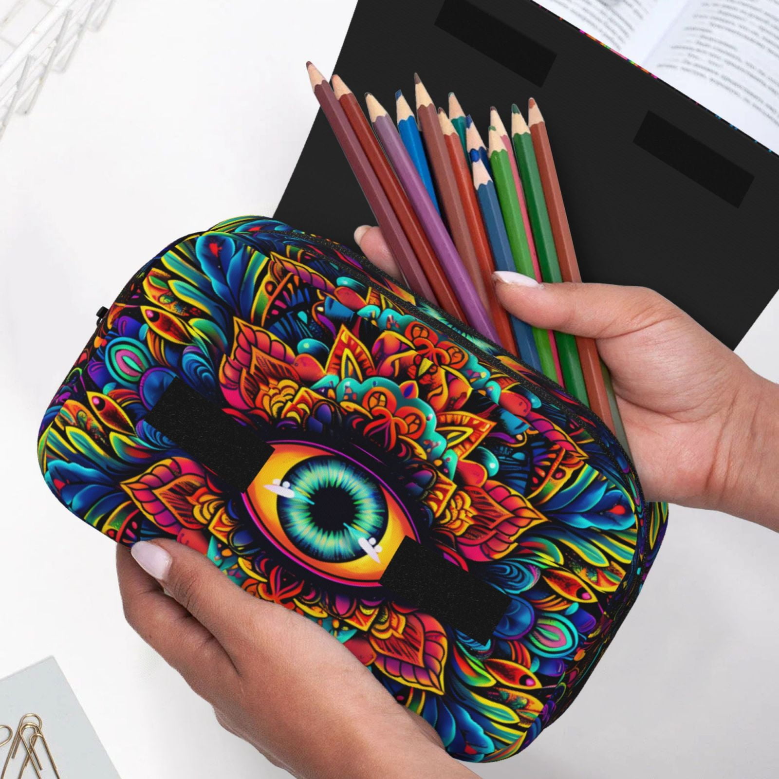 Rateoe Vibrant Psychedelic Eye Pattern Double Clamshell Pen Case, Storage Organizer with Two Zipper Compartments– Holds Up to 50 Pencils & Pens