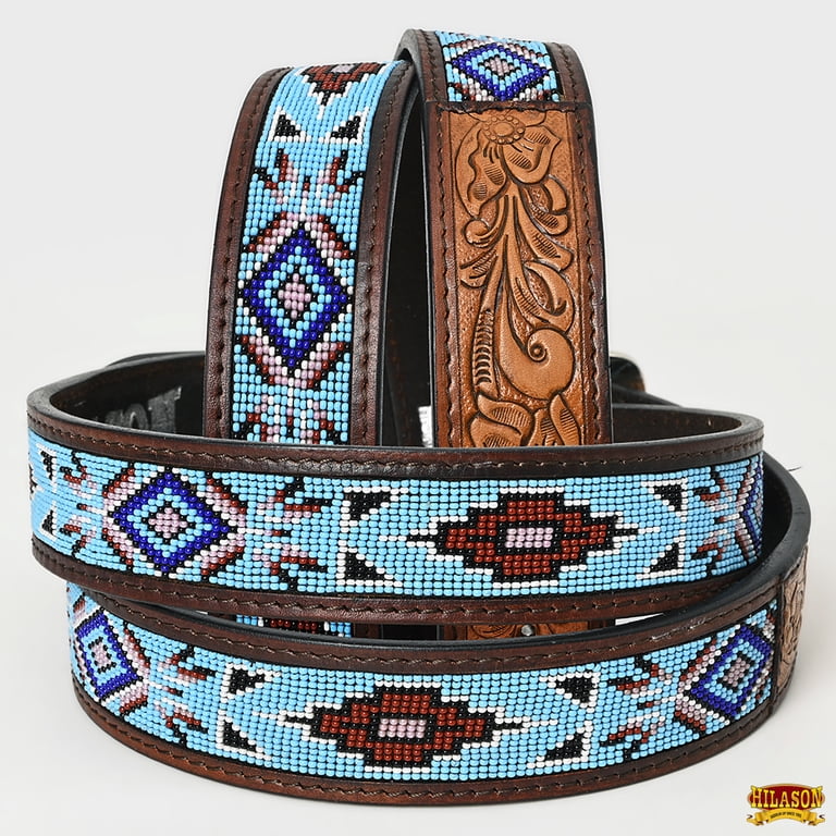 Boho Genuine Buffalo Leather Belt Wide Waist Embroidered Beaded Blue Western M Handmade Beaded Full Grain Leather Belt: Western Aztec  main image 3