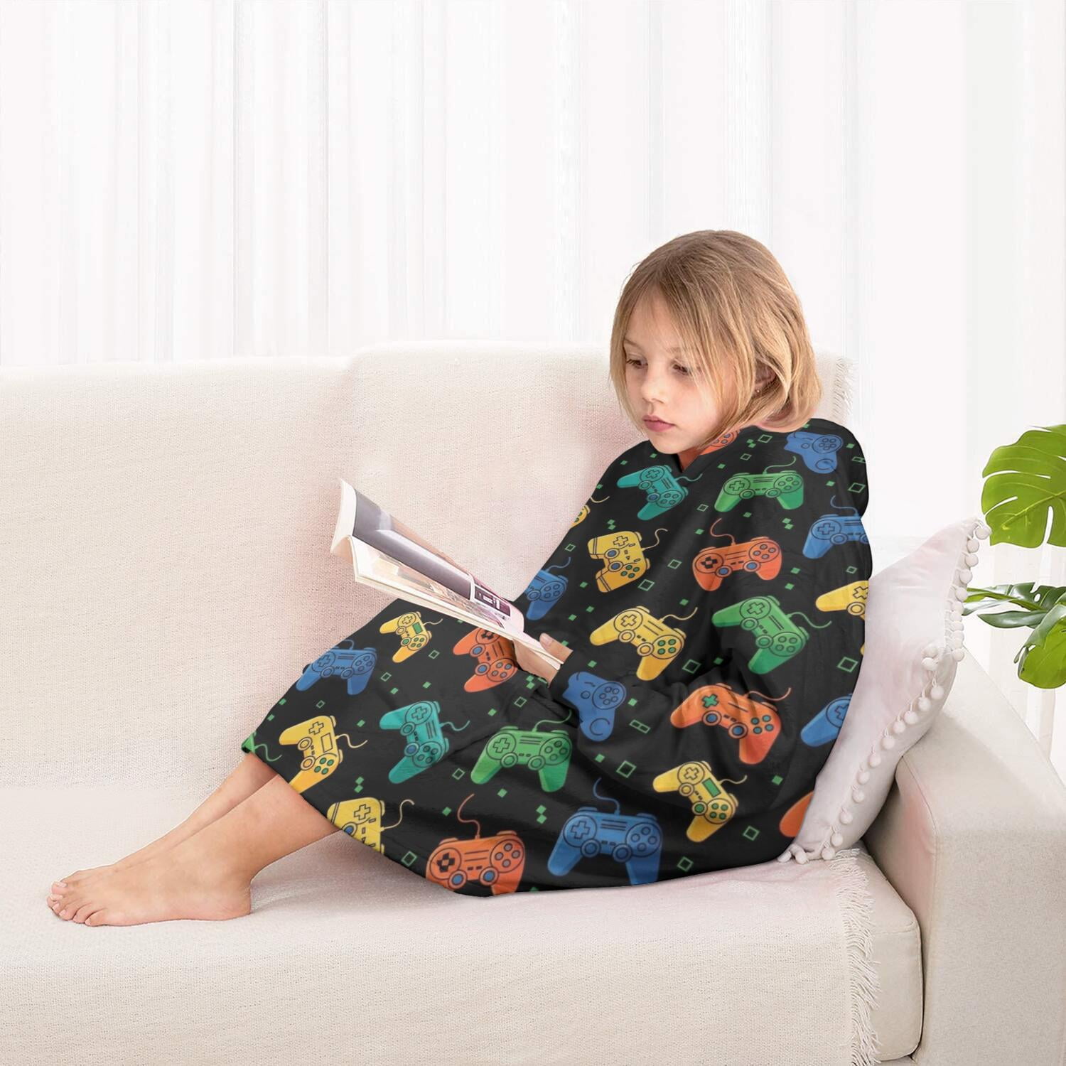 Multicolor Controllers Games Icons Black Pattern Blanket Hoodies for Kids 6-13YR Oversize Wearable Blanket Hoodies for Boys Girls Teens