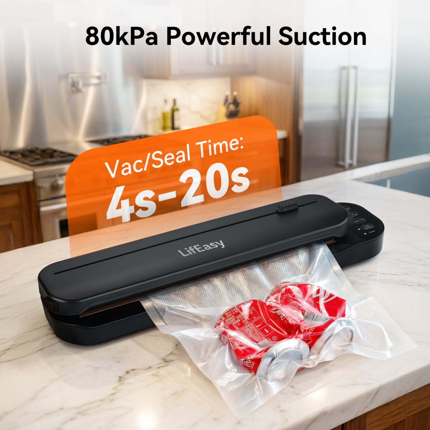 LifEasy VS2203 Food Vacuum Sealer Machine, 80kPa, 6-in-1 Modes, Dry & Moist Modes, Built-in Cutter, External Suction, 2 Rolls Bags & Starter Kit