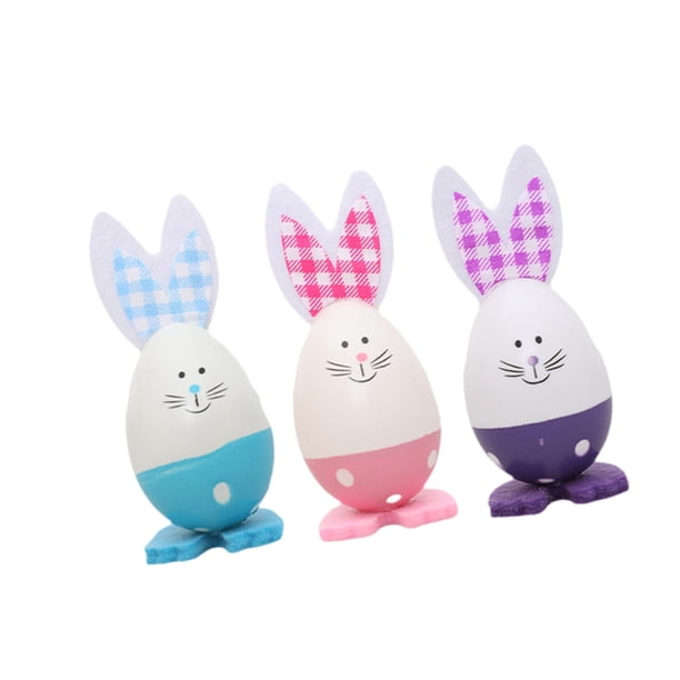 Regalo de decoración de huevos de Pascua de 3 piezas, huevos decorativos de conejo, adornos de huevo de conejo pintados lindos para decoración de toca Rosa azul púrpura