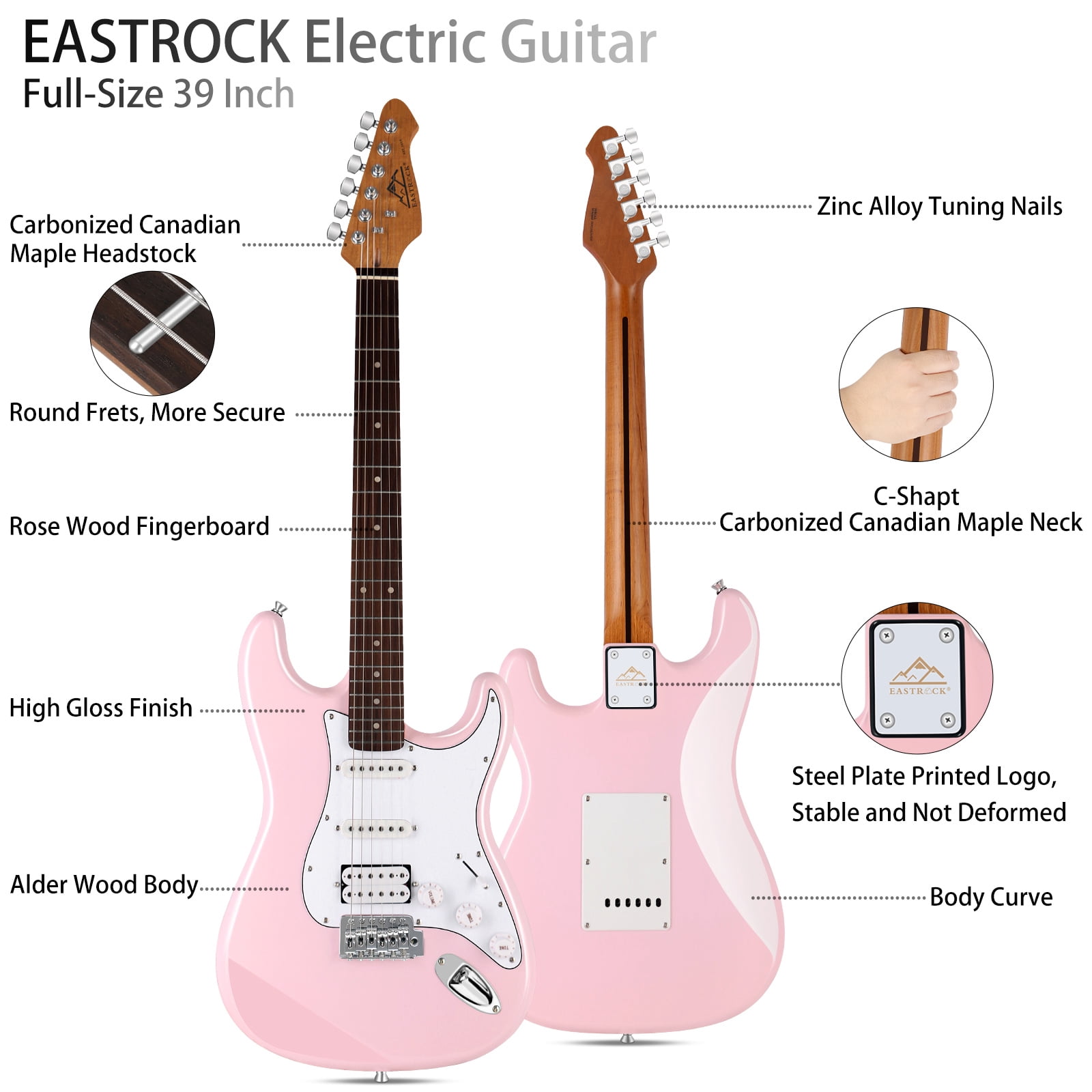 EASTROCK Pink Electric Guitar Set for Beginners – Includes Pink Guitar & Pink Amp, Tuner, Strap, Picks, Cable – Complete Matching Kit