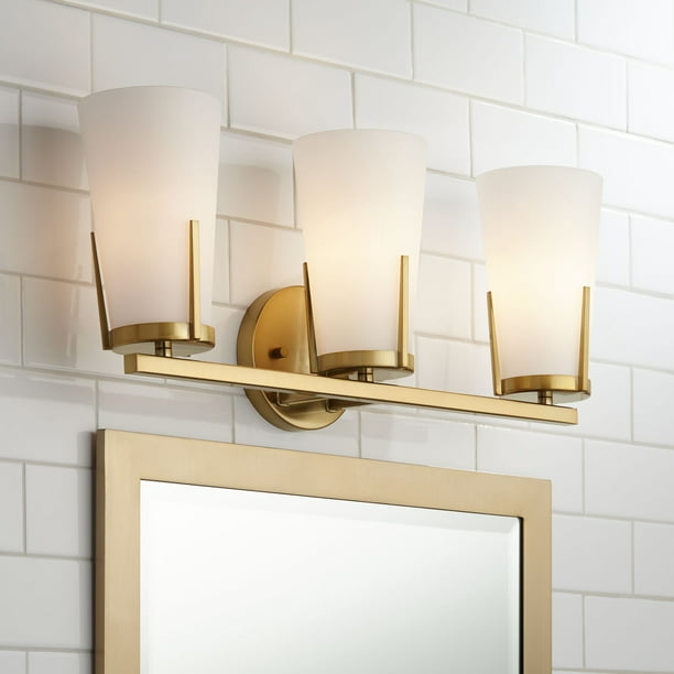 Possini Euro Design Mid Century Modern Wall Light Warm Brass Hardwired 23 Wide 3 Fixture White Glass Bathroom Vanity Mirror Com - Mid Century Modern Bathroom Lamp