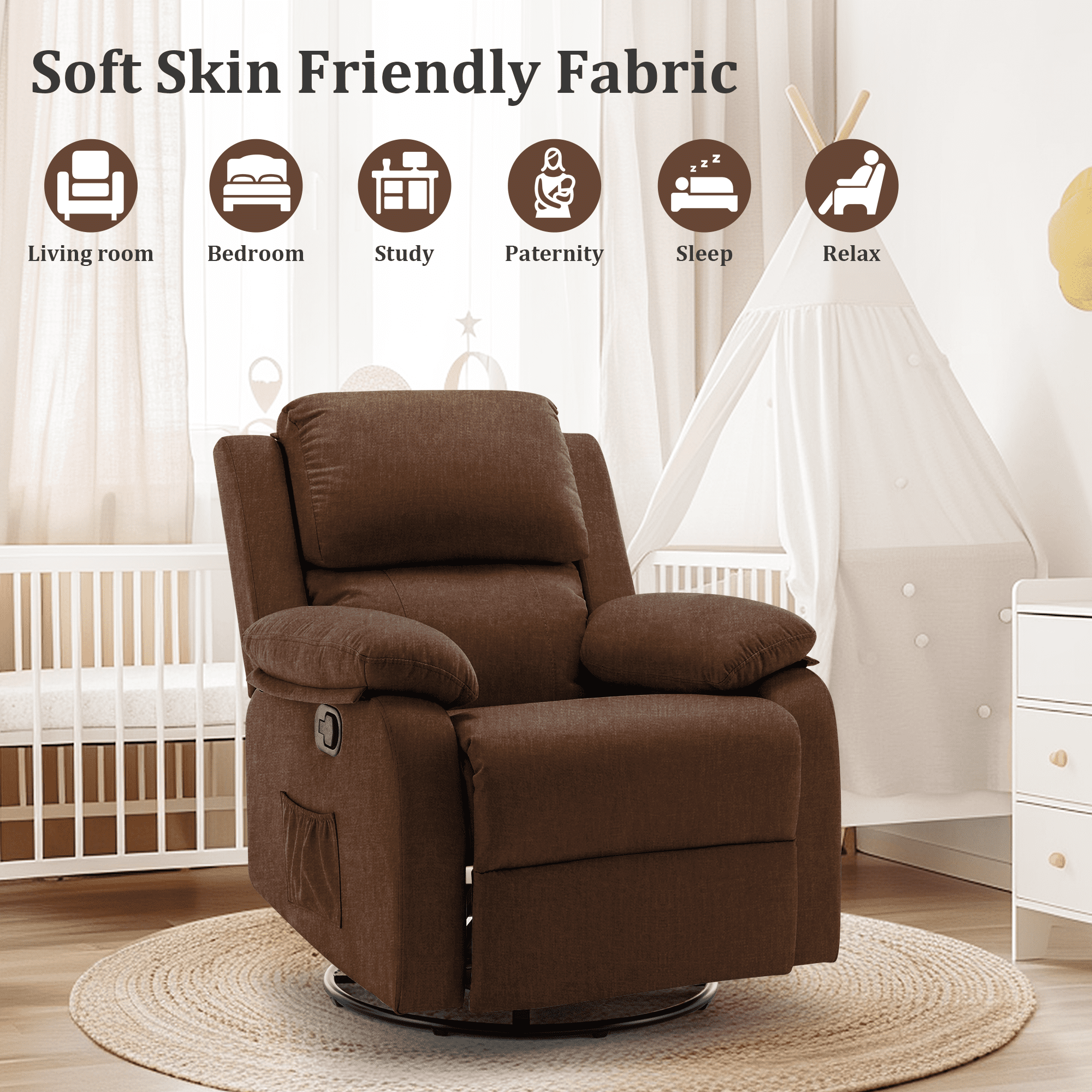 Korser Swivel Rocker Small Recliner Chair for Small Spaces for Living Room,Nursery,Brown