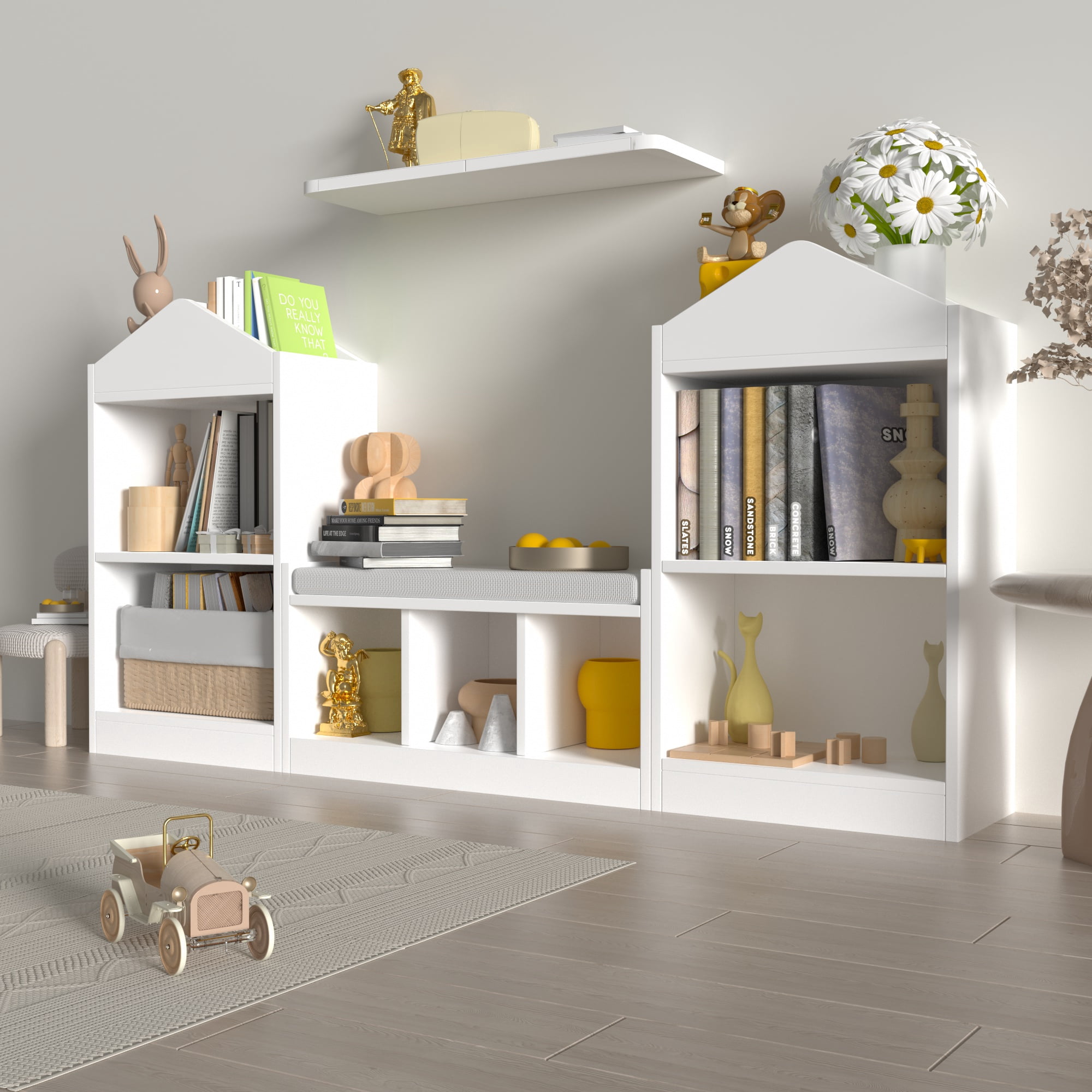 68.9“ Kids Bookshelf with Reading Nook, Toy Storage Organizer with Seat Cushion and 7 Storage Cubbies, Wooden Kids Bookcase, Toy Organizers and Storage for Nursery, Playroom, White