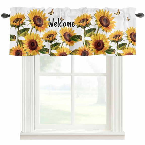 Welcome Sunflower Window Valance Curtain Butterfly Leaves Rod Pocket Valance for Windows Short Curtain for Living Room, Bedroom & Kitchen Window Decor 42x12in