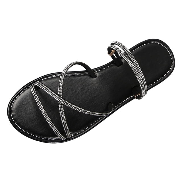 IUJSOY Womens Rhinestone Sandals Strappy Slides Cirsscross Strap Slip on Open Toe Flat Sandals