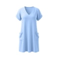 thumbnail image 4 of Efsteb Women's Cotton Tunic Dress V-Neck Short Sleeve Casual Loose Fit Short Dress with Side Pockets （Sky Blue,L）, 4 of 7