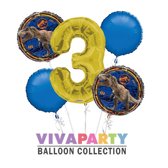 Jurassic World Round Balloon Bouquet 5 pc, 3rd Birthday, Gold Number 3 Jumbo Balloon | Viva Party Balloon Collection