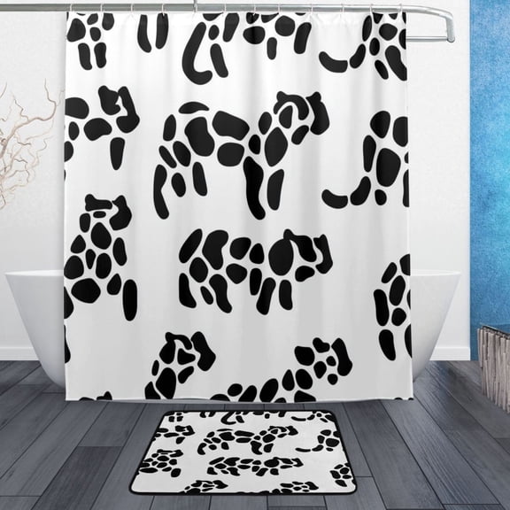 Bath Curtain & Non-Slip Bath Mat Set 12-Grommet Shower Curtain Memory Foam Bath Rug Black Leopard Print Pattern