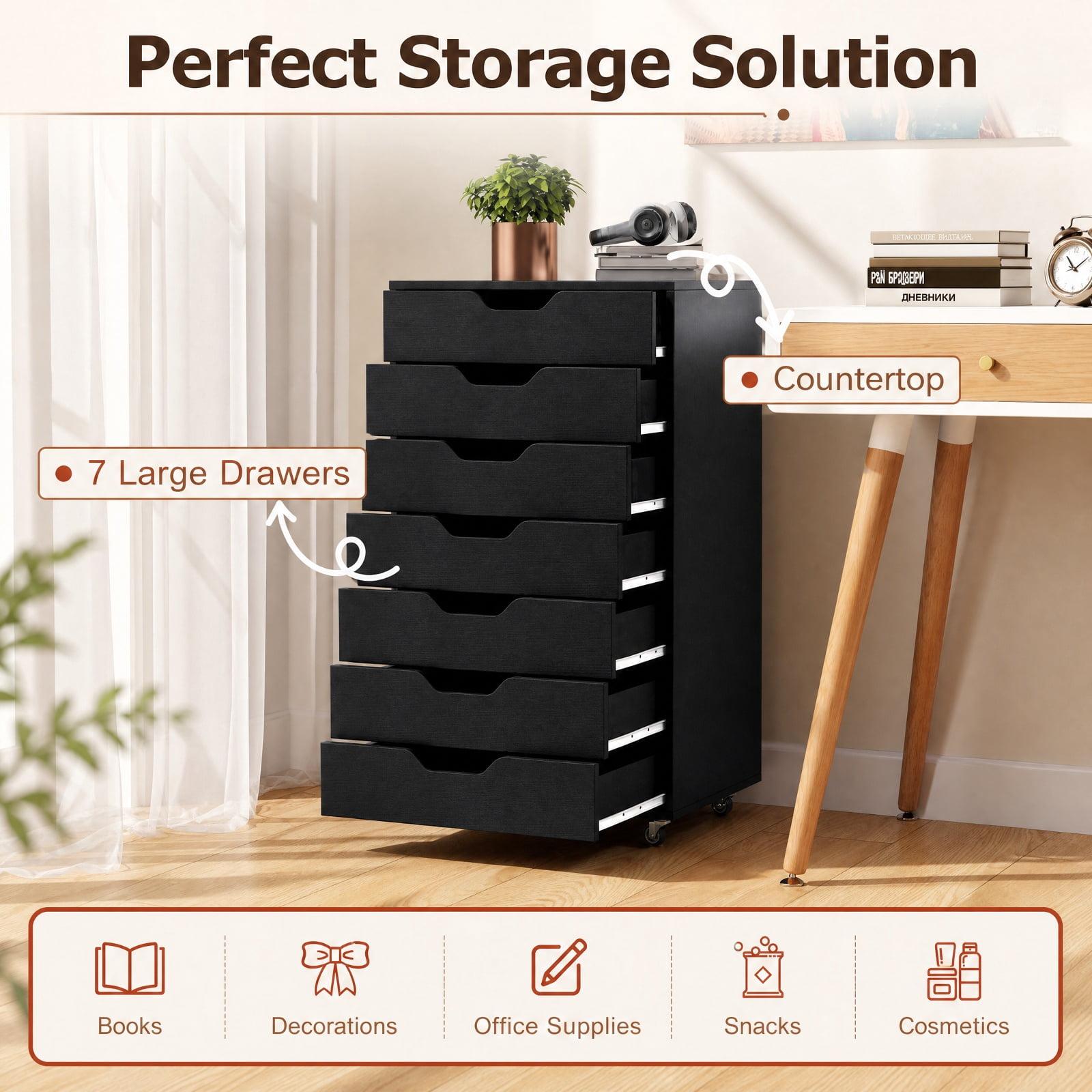 Furnibear 7-Drawer Chest Wooden Storage Dresser with Lockable Wheels for Home Office Filing Document Letter Legal Storage, Black