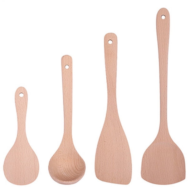 Juego de 4 espátulas de madera de haya para cocina, utensilios de cocina para sartén antiadherente.