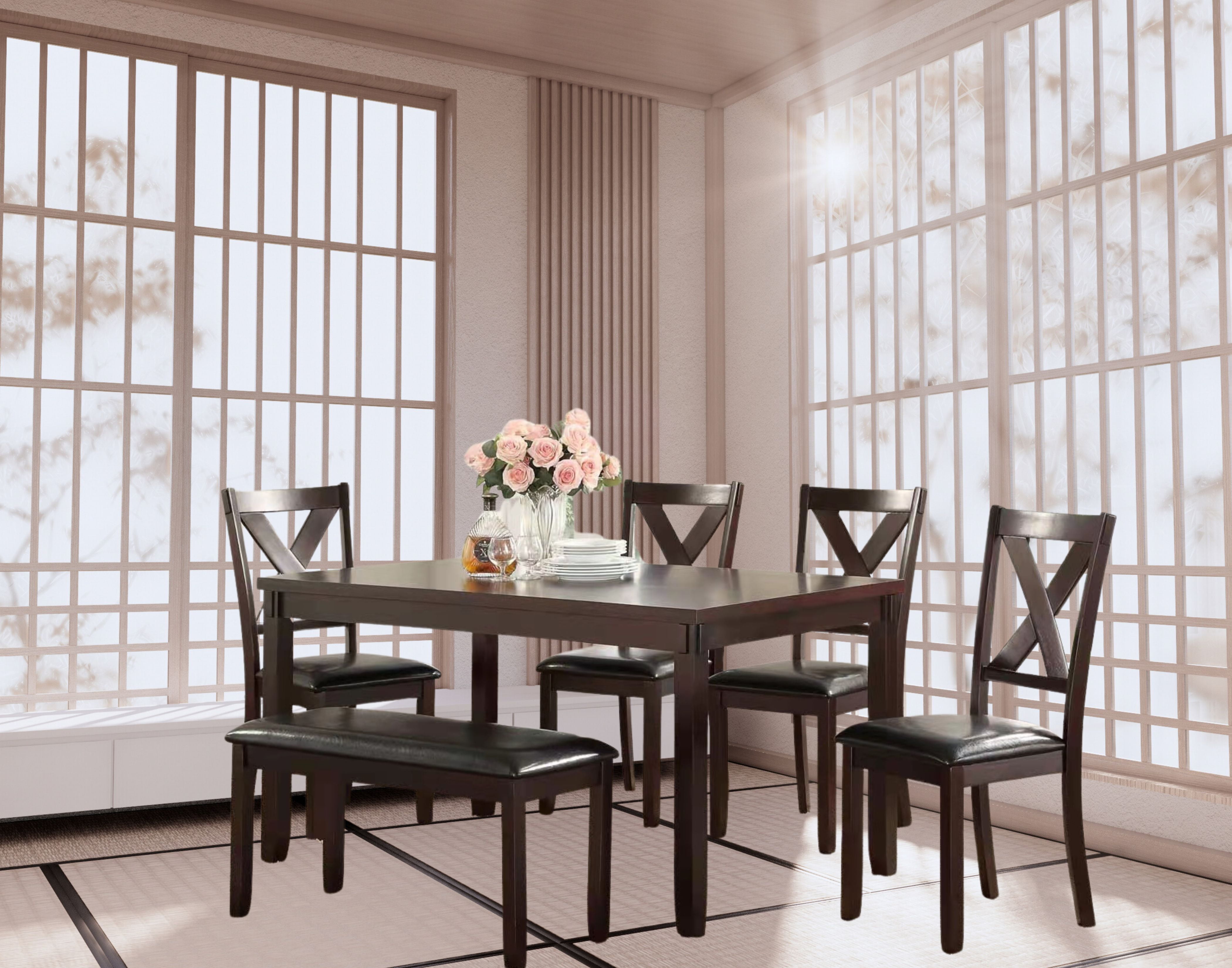 K-Living Scilla 6-Piece Solid Wood Dining Set ( 1 TABLE WITH 4 CHAIRS & 1 BENCH)