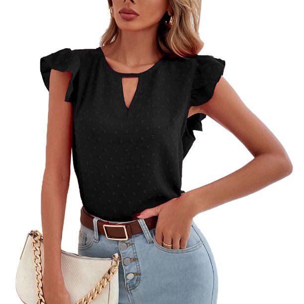 Camisas de manga corta con volantes para mujer, blusas holgadas de punto a la moda de verano para mujer, blusas de manga corta con recortes, Tops para trabajo diario, viajes, negro M