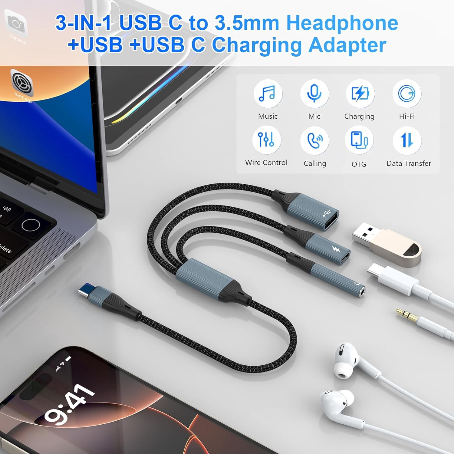 RGHJAR-3-in-1 USB C to 3.5mm Headphone and USB C Charger Adapter,Type-C to USB OTG Adapter with USB+USBC Charging+3.5mm Headphone Port,USBC Splitter for iPhone 17/16/15/Samsung/USB Flash Drive/Keyboa