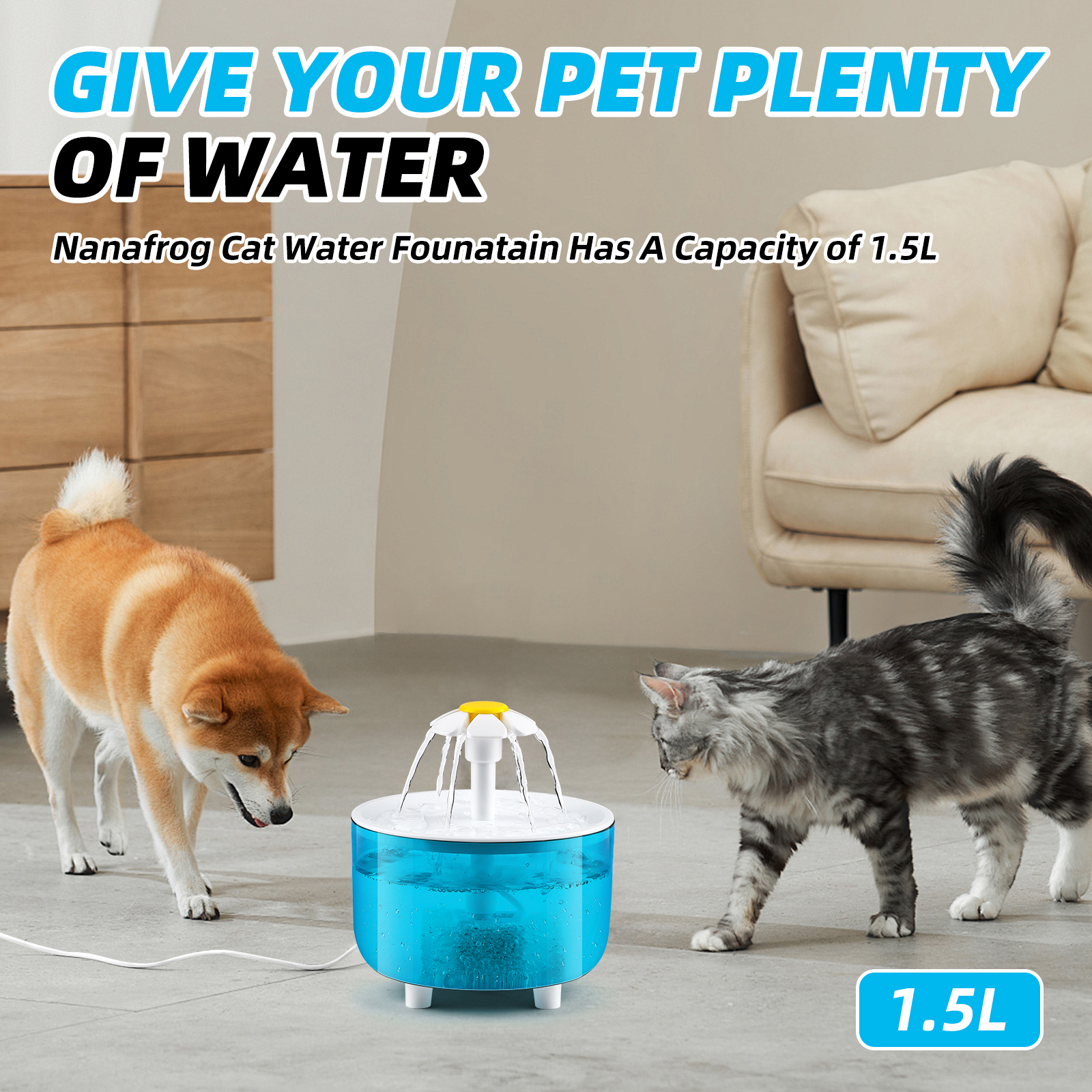 Nanafrog Cat Water Fountain, 1.5L, Blue photo 3
