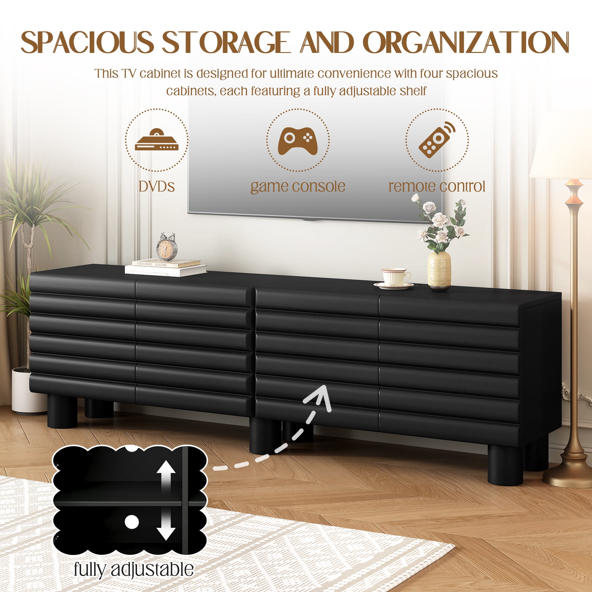 Euroco Stylish Thick Wavy Door TV Cabinet with Adjustable Shelves, Cream Style TV Stand with 4 Cabinets for TVs Up to 75", Solid Media Console with Cylindrical Legs and Cable Holes
