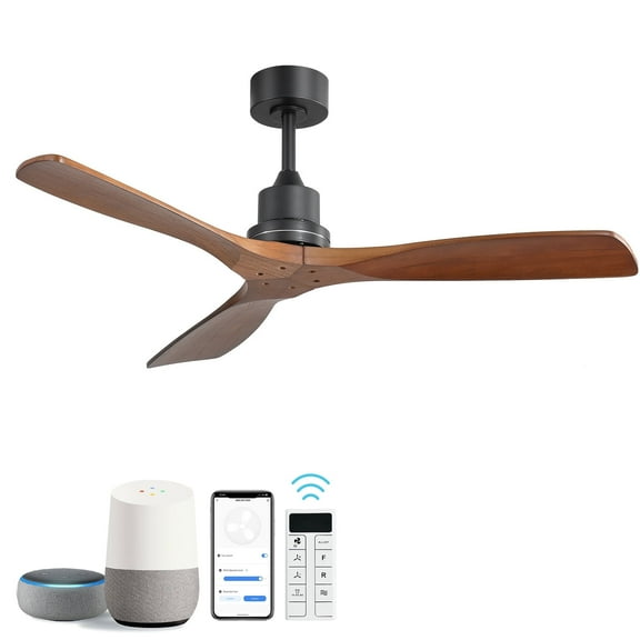 52-inch Farmhouse Smart Ceiling Fan without Light APP & Alexa Control, 3 Solid Wood Walnut Blades, Reversible Quiet DC Motor