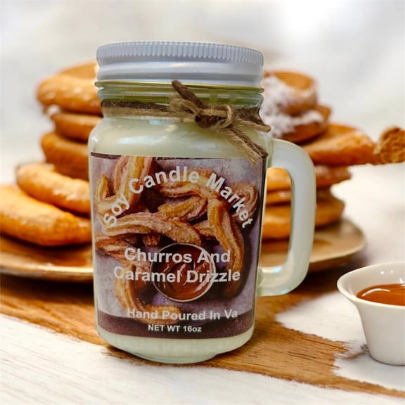 16 oz Churros With Caramel Drizzel Scented Candle with 85 Hours Burn Time, Handmade, Highly Aromatic, in Glass Jar