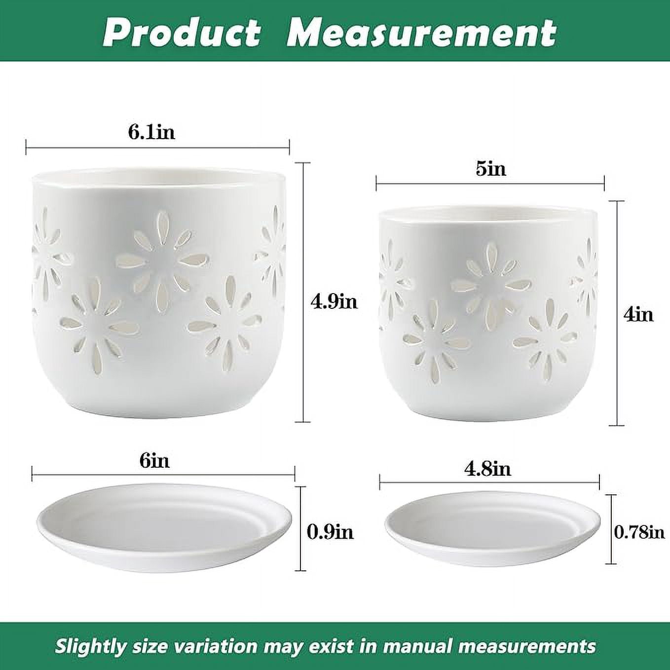 BUYMAX 5" & 6" Ceramic Orchid Pots with Holes and Trays, Blossom Geo Alabaster White, Set of 2