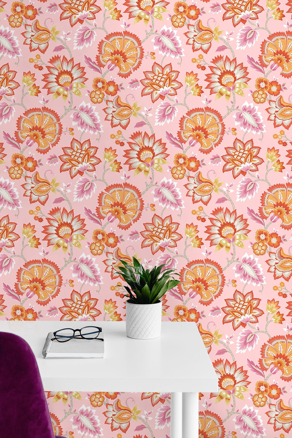 NextWall Bubblegum Pink Jacobean Blossom Floral Peel and Stick Wallpaper