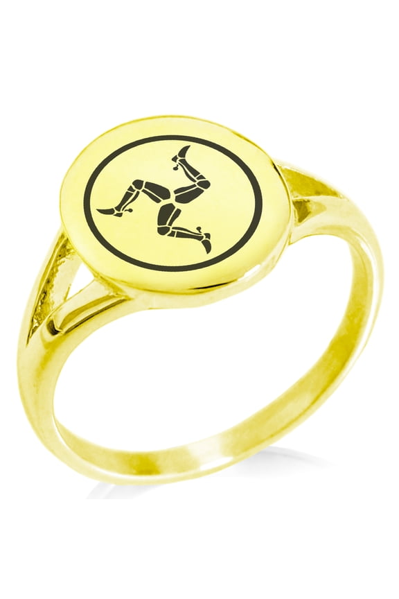 Stainless Steel Celtic Triskelion Three Legged Isle of Man Minimalist Oval Top Polished Statement Signet Ring