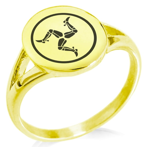 Stainless Steel Celtic Triskelion Three Legged Isle of Man Minimalist Oval Top Polished Statement Signet Ring